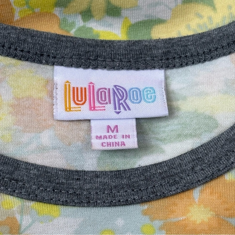 LuLaRoe Randy Baseball Tee Size Medium Yellow Orange Floral Pattern Gray Sleeves - Picture 6 of 11
